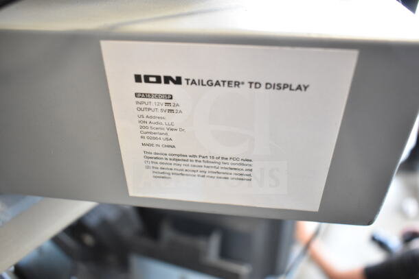 ION Tailgater speaker label with model IPA162C DISP, input 12V 2A, output 5V 2A, made in China.