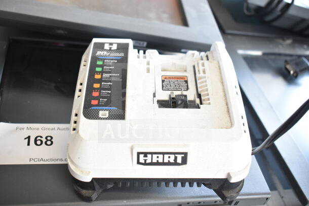 Hart CGH006 Battery Charger, 20V, used condition. Features include charging indicator and warning label.