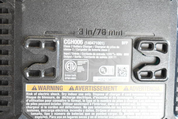 Hart CGH006 Battery Charger label with model number, input/output specs, UL certifications, and safety warnings.