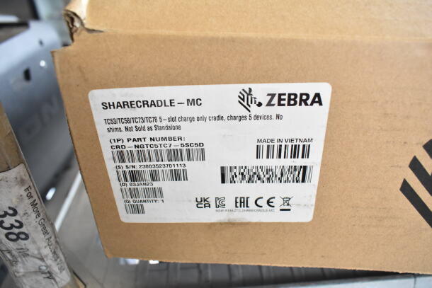 Box with Zebra ShareCradle label for TC53/TC58/TC73/TC78, part number CRD-NGTC5TC7-5SC5D, made in Vietnam.