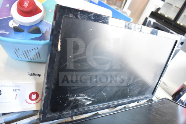 Samsung S27D390H and Acer LCD monitors, both showing signs of wear. Includes auction tag indicating bid incentive.