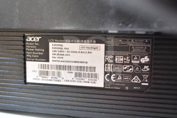 Label on Acer K202HQL Abd LCD Monitor showing model, power rating, and manufacturing details. Dec 2016, made in China.