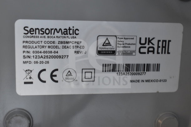 Label for Sensormatic device, model ZBSMPCPEF, with regulatory details and certifications. Made in Mexico.