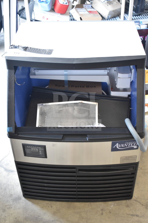 Brand new Avantco 194UCH280A undercounter ice machine, 299 lb., 115V, 1 phase, minor scratches, parts box included.