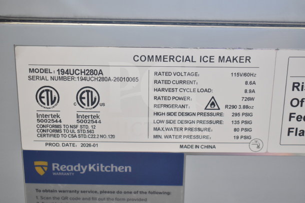 BRAND NEW SCRATCH AND DENT Avantco 194UCH280A undercounter ice machine, 299 lb, 115V 1 Phase, visible specifications label.