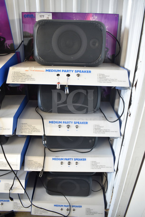 Onn Medium Party Speaker display, Bluetooth, 200W peak power, IPX7 waterproof, FM radio, LED effects, rechargeable battery.