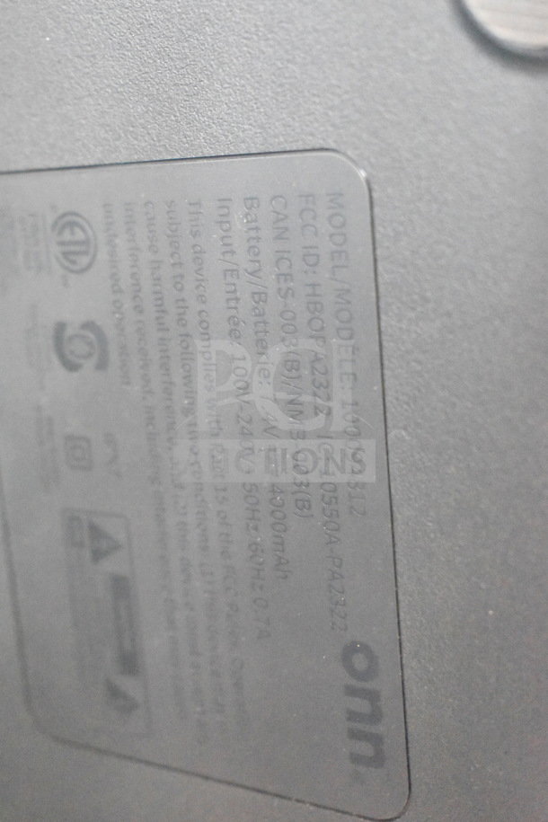 Onn Medium Party Speaker model 1000094812 label showing FCC ID HB0PA2322, 7.4V, 4000mAh battery specs.