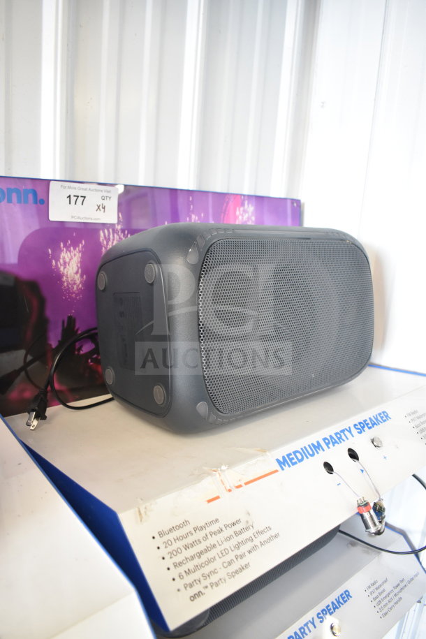 Onn Medium Party Speaker, black, Bluetooth, 20-hour playtime, 200W peak power, rechargeable battery, multicolor LED lights.