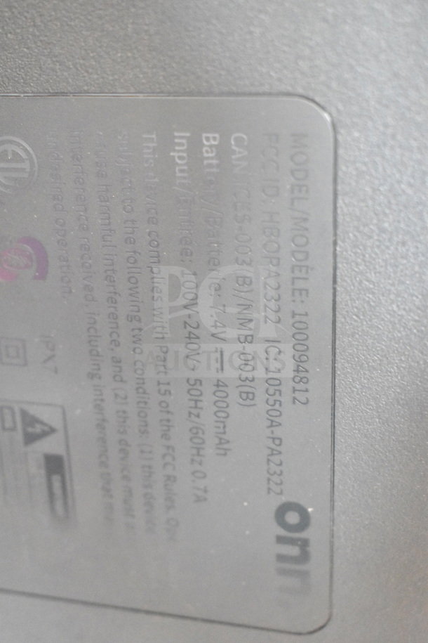 Onn medium party speaker model label showing FCC ID, battery, and input specifications.