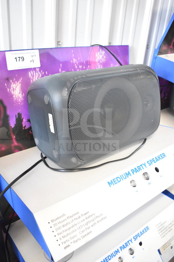 Onn Medium Party Speaker display with Bluetooth, 20-hour playtime, 200W power, rechargeable battery, and LED lighting effects. Quantity x4.