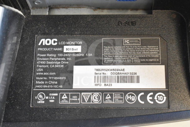 AOC LCD Monitor, Model 931Swl, 100-240V, serial DDQBAHA013226, made in China. Includes compliance labels.