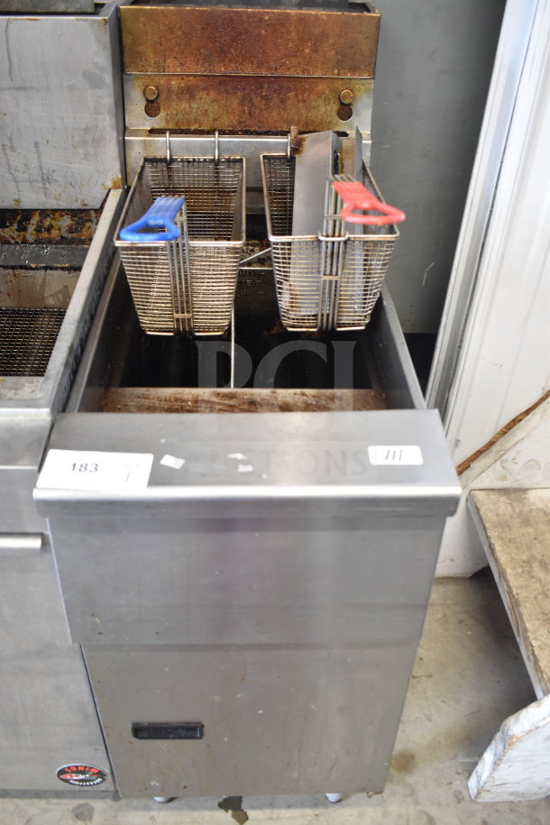 Pitco Frialator SB14RS commercial deep fryer, 122,000 BTU, natural gas, floor model, worn condition, auction tag visible.
