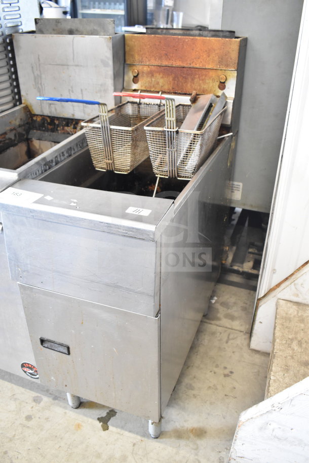 Pitco Frialator SB14RS floor-style deep fat fryer, natural gas powered, 122,000 BTU, used condition, with frying baskets.