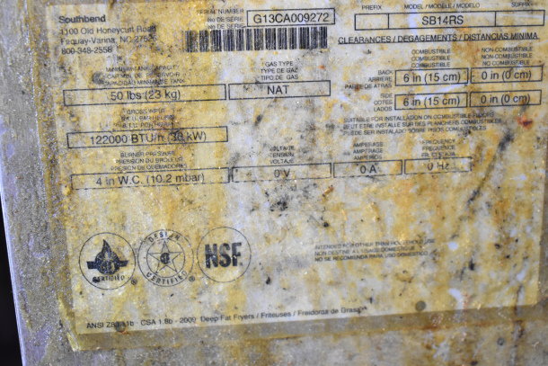 Pitco Frialator SB14RS deep fat fryer label showing specs: 122,000 BTU, natural gas, model SB14RS. Used condition.