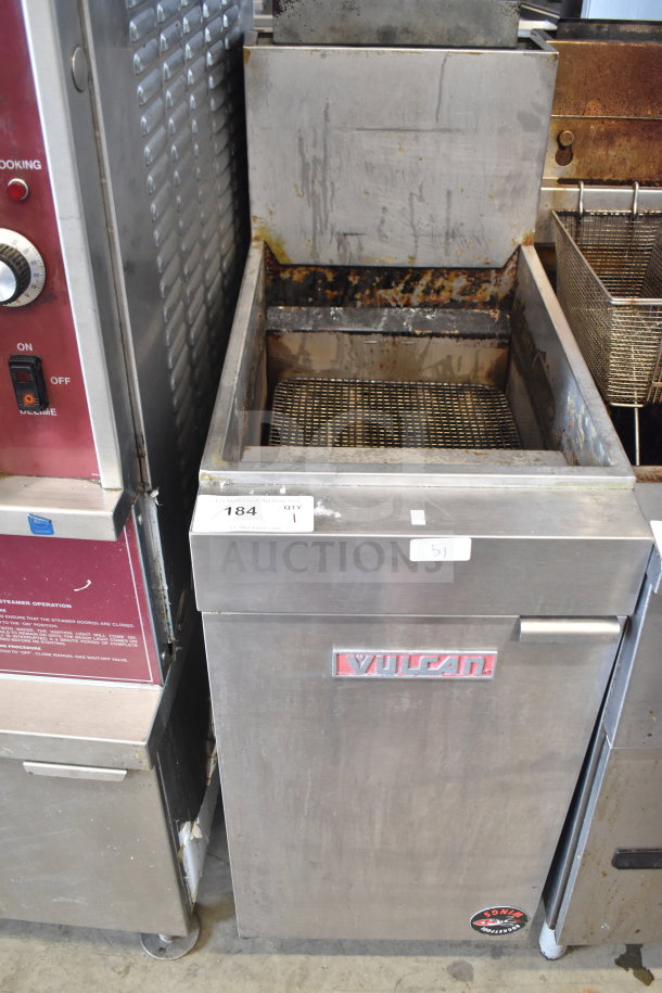 Vulcan LG400-1 commercial deep fryer, floor style, natural gas powered, 120,000 BTU. Visible signs of use. Model label intact.