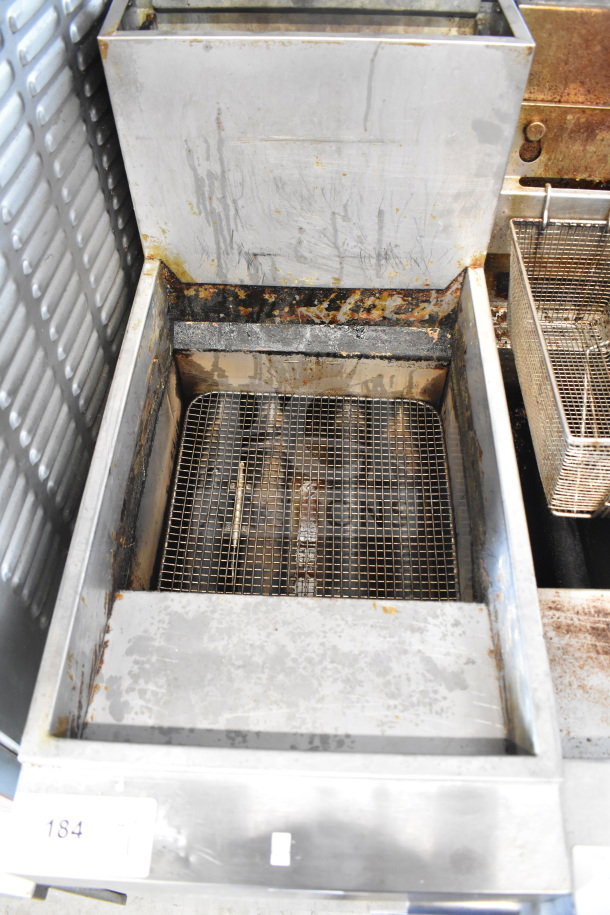 Vulcan LG400-1 commercial gas deep fryer, 120,000 BTU, showing signs of use with visible staining and residue.