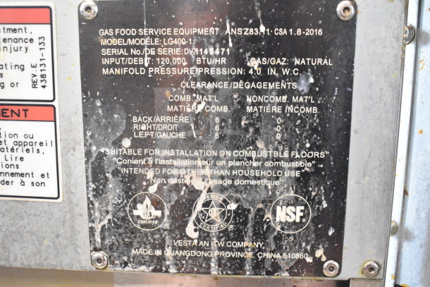 Label on Vulcan LG400-1 Commercial Gas Fryer; 120,000 BTU, natural gas, suitable for combustible floors, NSF certified.
