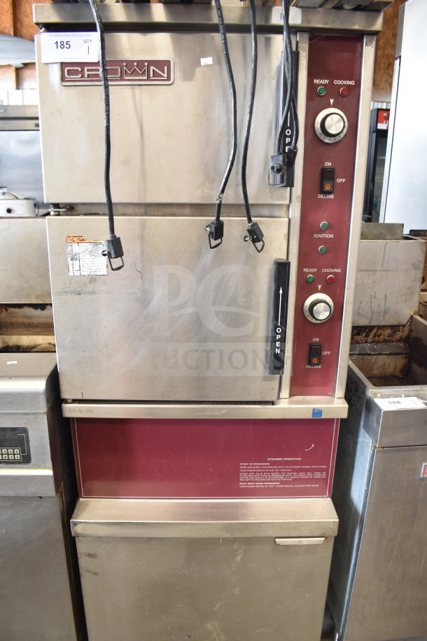 Crown SX-7G3 2 Deck Steam Cabinet, natural gas, 94,000 BTU, commercial use, visible knobs, switches, and Crown logo.