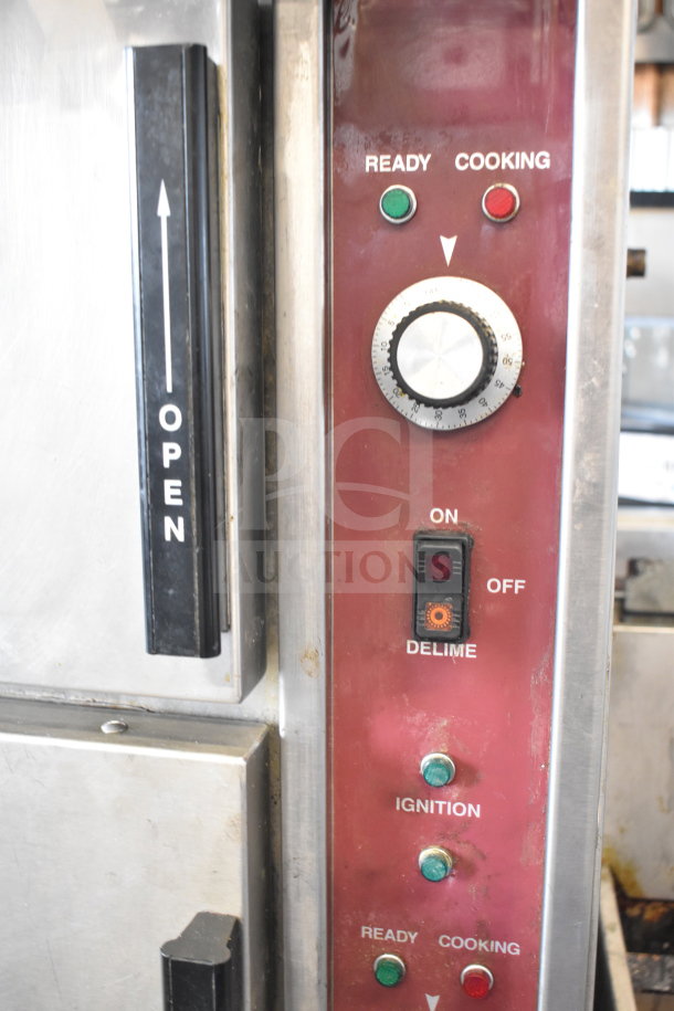 Crown SX-7G3 Commercial Natural Gas 2 Deck Steam Cabinet, 94,000 BTU, control panel with ready and cooking indicators.