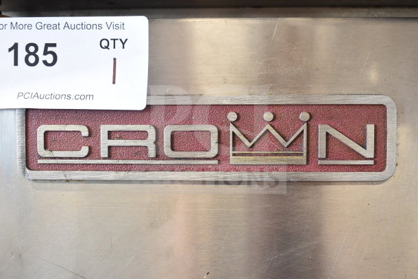 Crown SX-7G3 Steam Cabinet, 2-deck, natural gas, 94,000 BTU. Metal body with logo and auction tag reading "185 QTY 1".