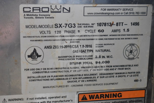 Crown SX-7G3 steam cabinet tag showing model, 120V, 60Hz, 1.5A, natural gas, 94,000 BTU, and safety warnings.