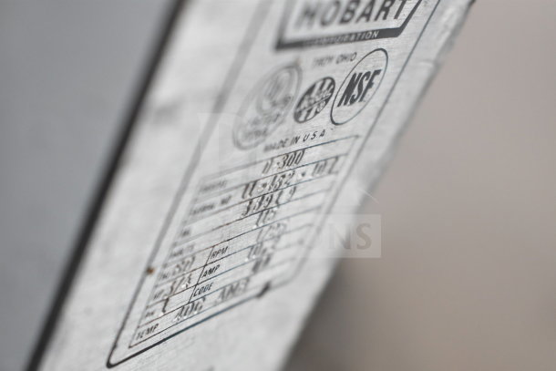Hobart D300 Commercial Dough Mixer label, showing model and specifications, including 115V and 1 phase details.