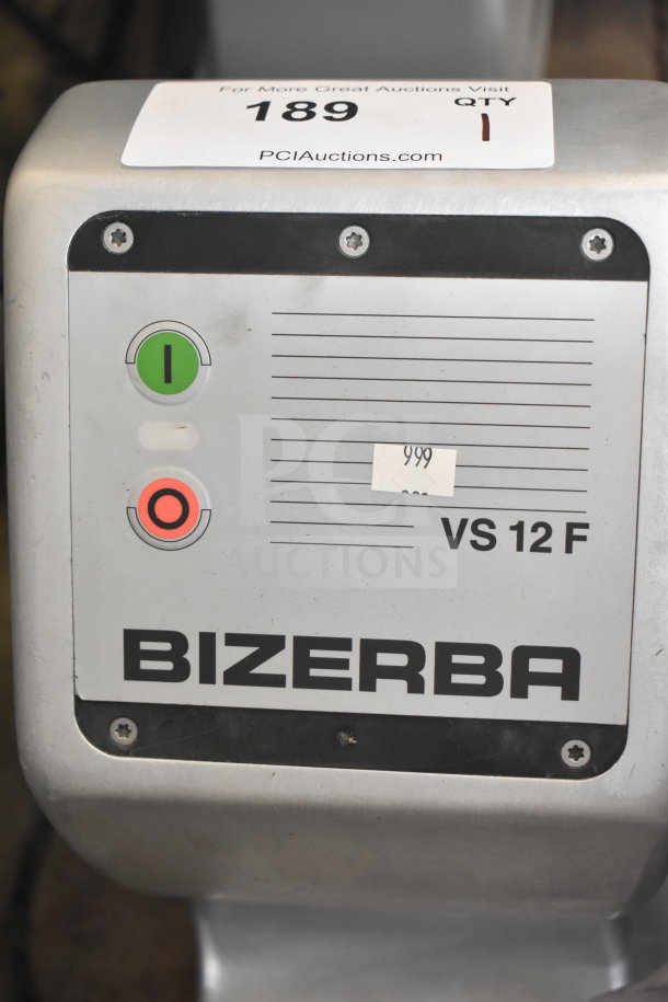 Bizerba VS12F commercial slicer, stainless steel, 120V, manual operation. Visible model label and control buttons.