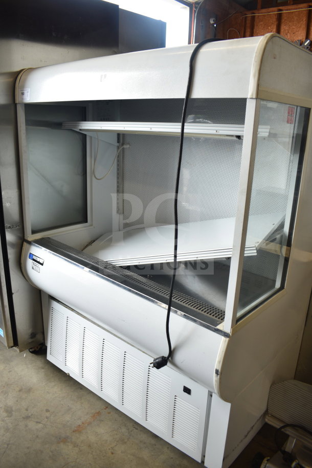 Master-Bilt QMVM-48L open merchandiser, floor style, commercial use, white exterior, visible plug and vent grilles.