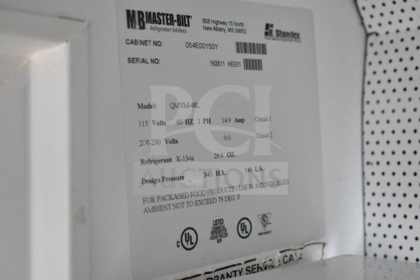 Master-Bilt QMVM-48L commercial merchandiser label showing voltages, refrigerant type, and UL certification markings.