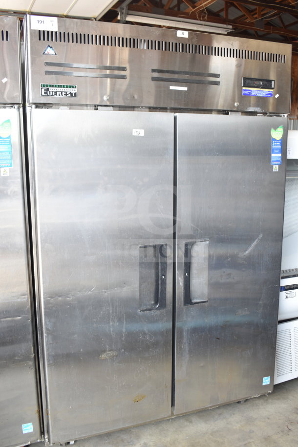 Everest ESR2 commercial 2-door reach-in cooler on casters, stainless steel, eco-friendly, 115V, 1 phase, visible door dents.