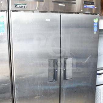 Everest ESR2 commercial 2-door reach-in cooler on casters, stainless steel, eco-friendly, 115V, 1 phase, visible door dents.