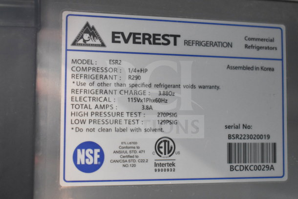 Everest ESR2 2-door reach-in cooler label, showing specifications like R290 refrigerant, 115V, 3.8A, assembled in Korea.