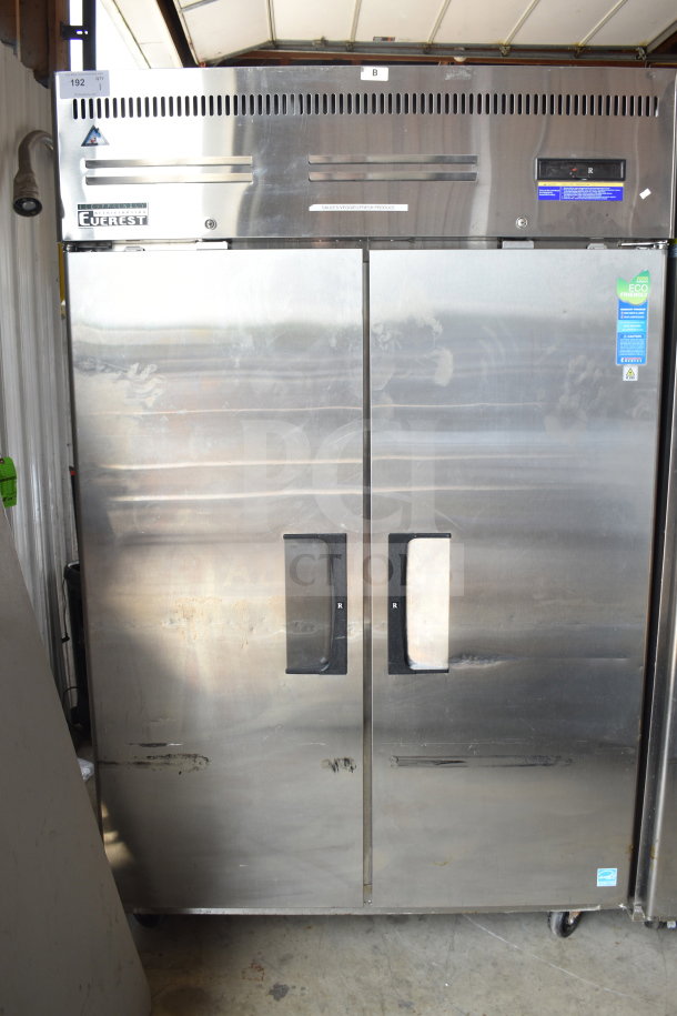 Everest ESR2 Commercial 2 Door Reach-In Cooler, stainless steel, on casters, 115V, 1 Phase, visible branding and eco labels.