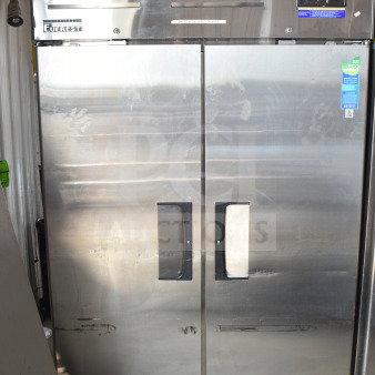 Everest ESR2 Commercial 2 Door Reach-In Cooler, stainless steel, on casters, 115V, 1 Phase, visible branding and eco labels.