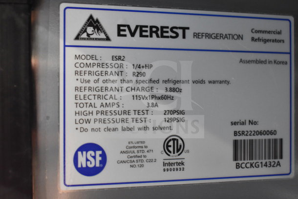 Everest ESR2 Commercial 2 Door Reach In Cooler label, 115V, 1 Phase, R290 refrigerant, NSF-certified, serial BSR222060060.