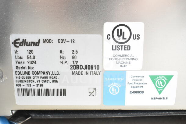 Edlund EDV-12 commercial meat slicer tag, 120V, 1 phase, UL listed, made in Italy. Carriage needs reattachment. Model: EDV-12.
