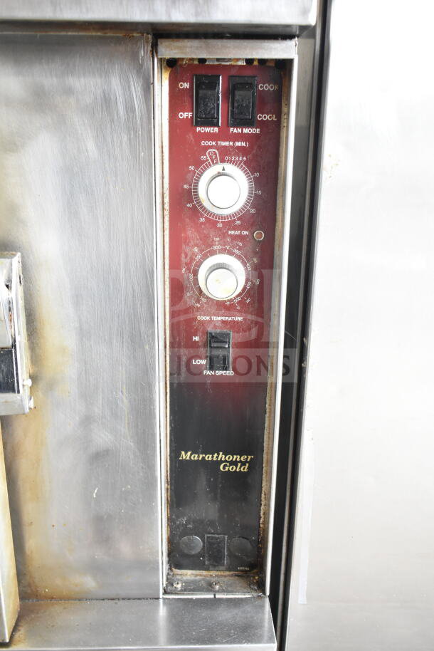 2 Southbend Marathoner Gold gas convection ovens, view doors, thermostatic controls, commercial casters, good condition.