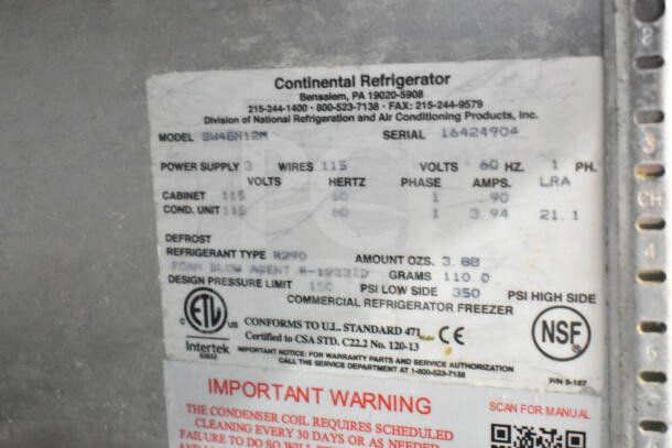 Continental SW48N12M Sandwich Prep Table; commercial casters, 115V, 1 Phase; tag showing specs, model, serial number.