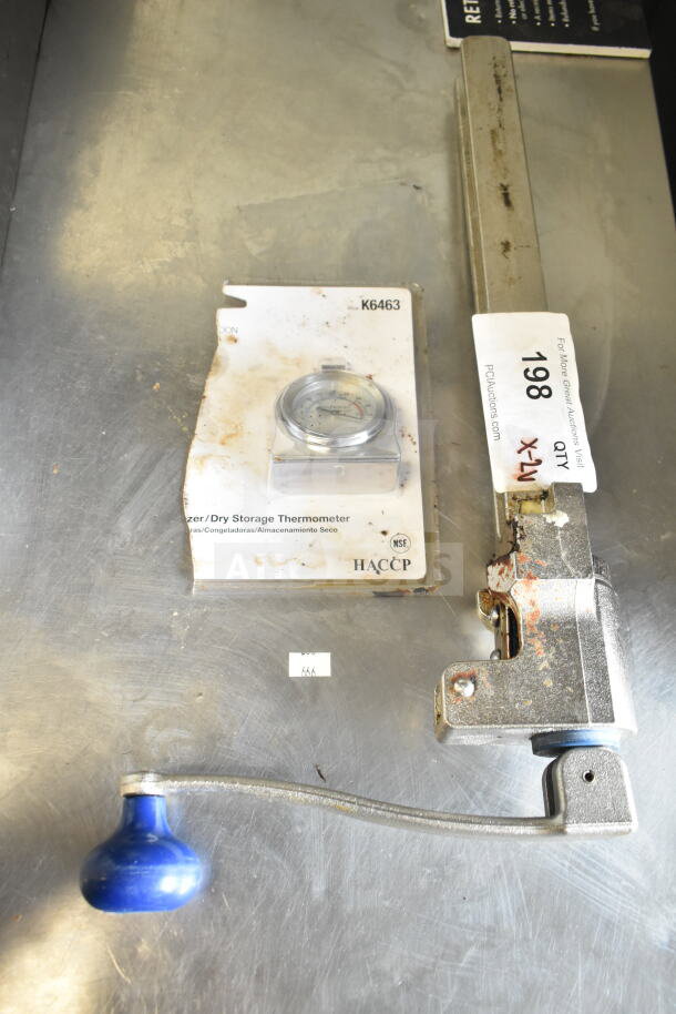 2 items: a commercial can opener with visible rust, silver handle, and a K6463 thermometer in packaging. Condition varies.