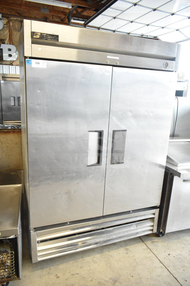 True T-49 Commercial 2 Door Reach In Cooler, stainless steel, 115V, 1 Phase. Clean condition with visible model label.