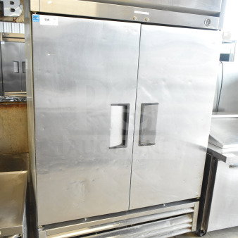 True T-49 Commercial 2 Door Reach In Cooler, stainless steel, 115V, 1 Phase. Clean condition with visible model label.