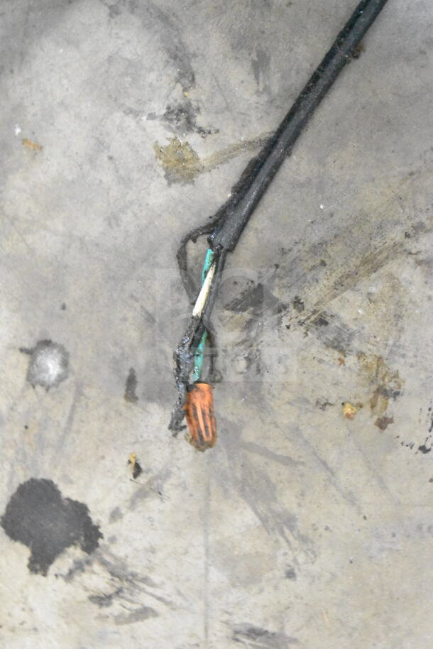 A worn electrical cord with exposed wires and a wire nut on a concrete surface, indicating damage.