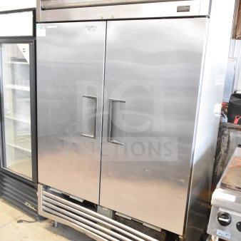 2017 True T-49 commercial 2-door reach-in cooler, stainless steel, 115 volts, 1 phase, model T-49, good condition.