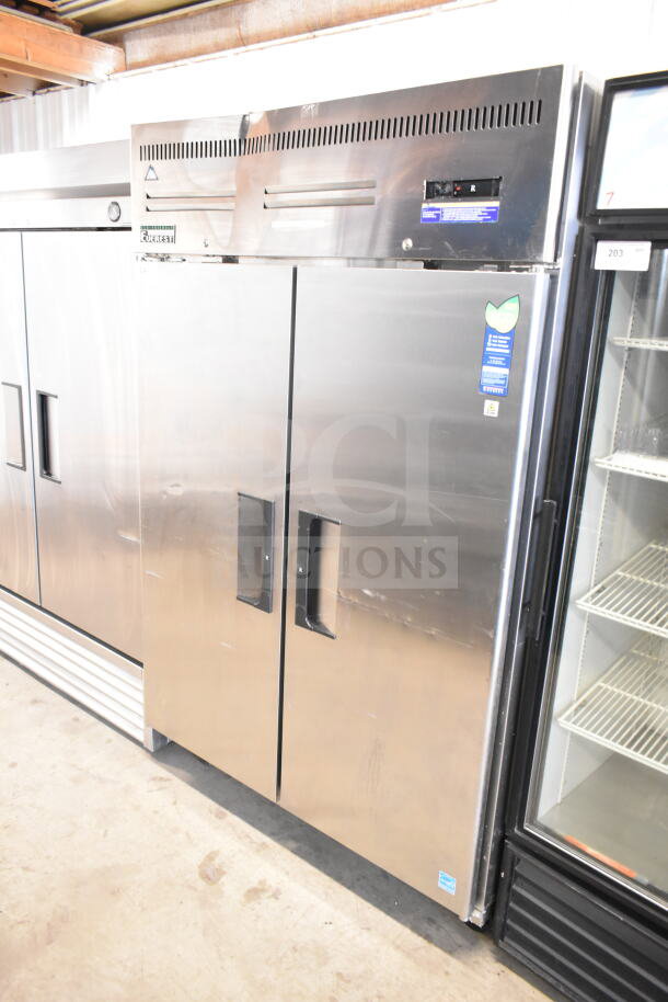 Everest ESR2 Commercial 2 Door Reach-In Cooler, 115V, 1 Phase, stainless steel, handles, visible labels, good condition.