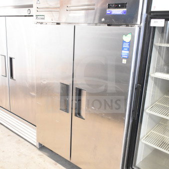 Everest ESR2 Commercial 2 Door Reach-In Cooler, 115V, 1 Phase, stainless steel, handles, visible labels, good condition.