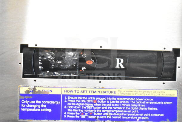 "Control panel of Everest ESR2 Commercial 2 Door Reach In Cooler with temperature setting instructions visible."