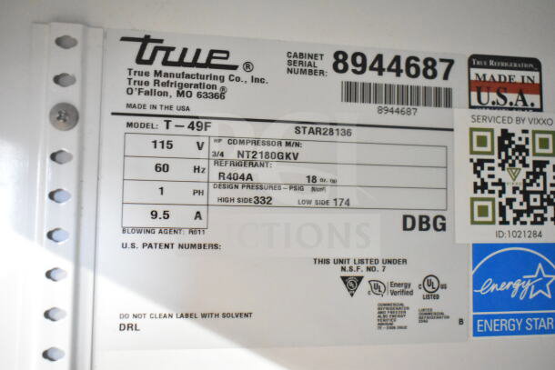 Label from 2016 True T-49F Commercial Freezer. Features 115 volts, 1 phase power, R404A refrigerant. Made in USA. Serial no. 8944687.