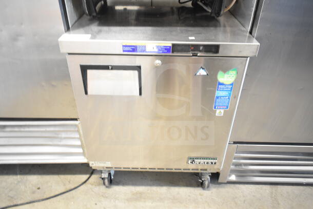 Everest ETBF1 commercial undercounter freezer, stainless steel, single door, eco-friendly label, on casters, 115V, 1 phase.
