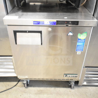 Everest ETBF1 commercial undercounter freezer, stainless steel, single door, eco-friendly label, on casters, 115V, 1 phase.