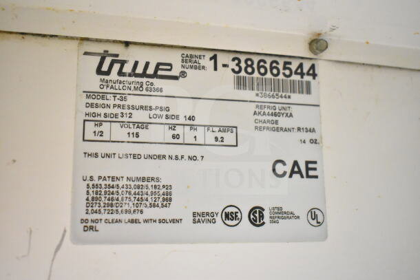 True T-49 Cooler label, Model T-35, 115V, 1PH, NSF certified, Serial 1-3866544, R134A refrigerant.